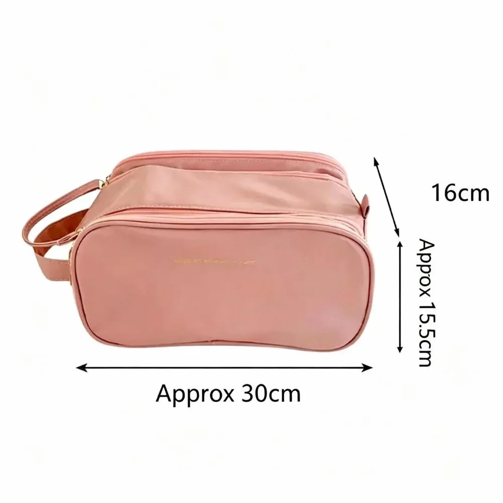 Pink 3‑Layer PU Leather Travel Cosmetic Bag, Toiletry Organizer with Handle